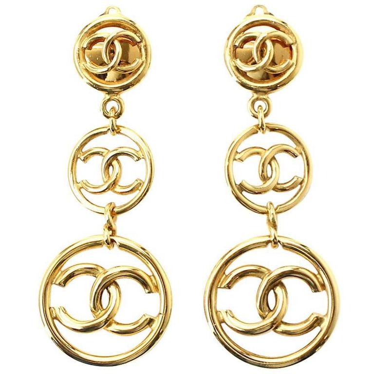 Chanel Vintage Gold Three Tier CC Logo Charm Long Dangle Drop