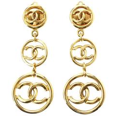 Chanel Vintage Gold Three Tier CC Logo Charm Long Dangle Drop Earrings