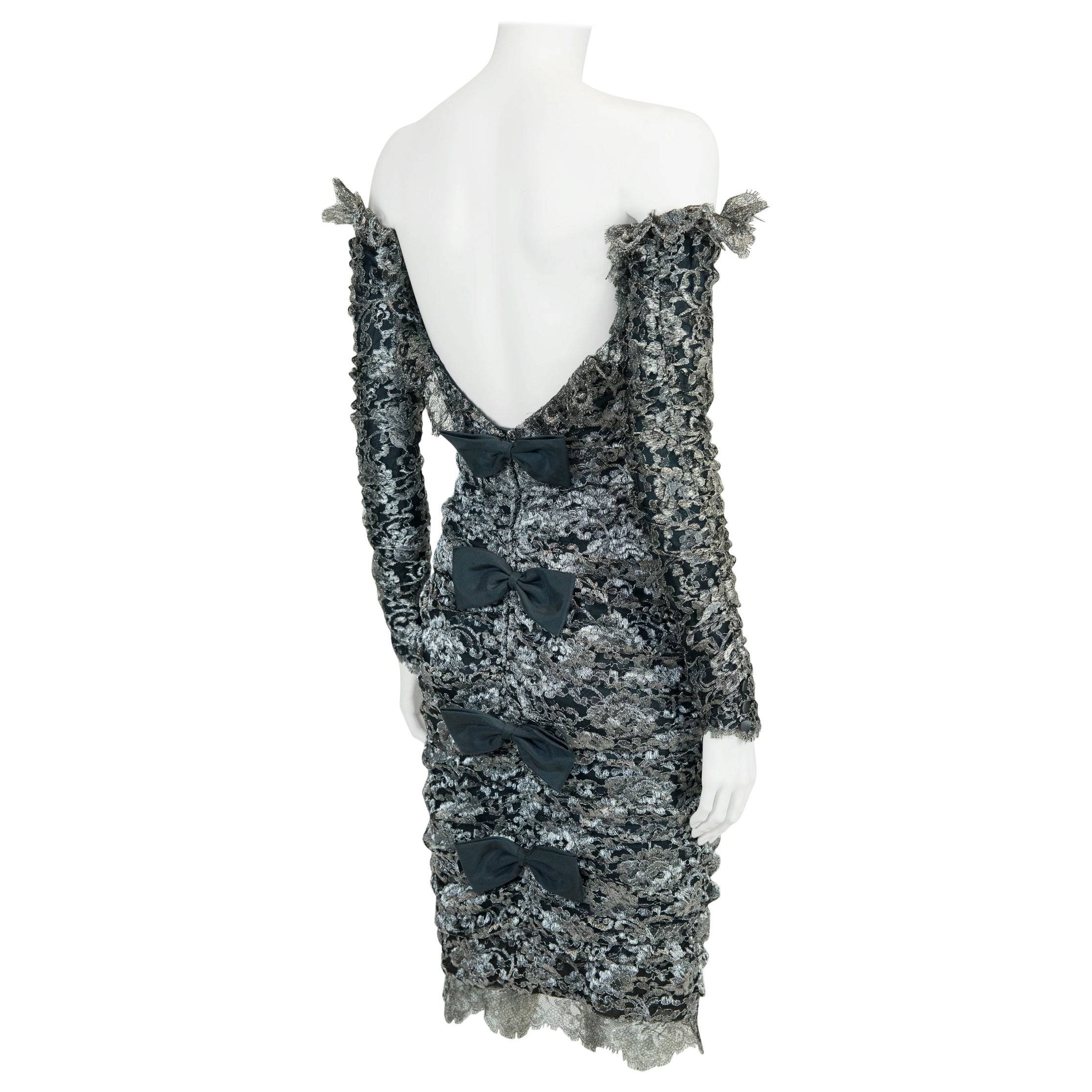 1980s Isabelle Allard Bows-Embellished Ruched Lace Dress & Removable Sleeves Set For Sale