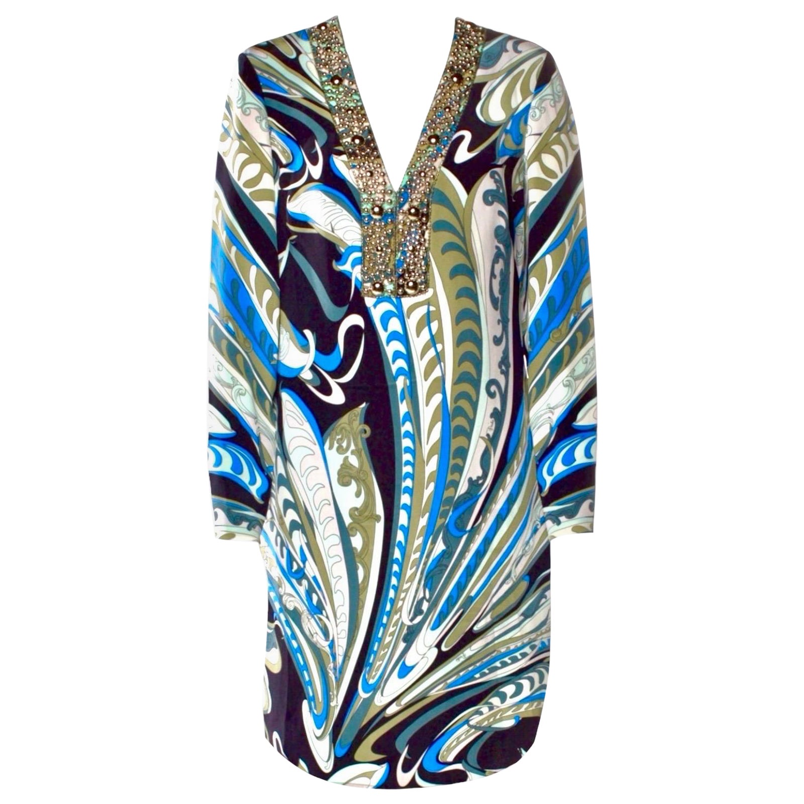 UNWORN Emilio Pucci Silk Cady Embroidered Kaftan Tunic Dress 44 For Sale