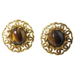 Vintage 1995 Chanel Tiger Eye Earrings "CC" 