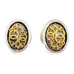 Retro Chanel Large Oval CC Logo Earrings Gold Black & Gunmetal 1994