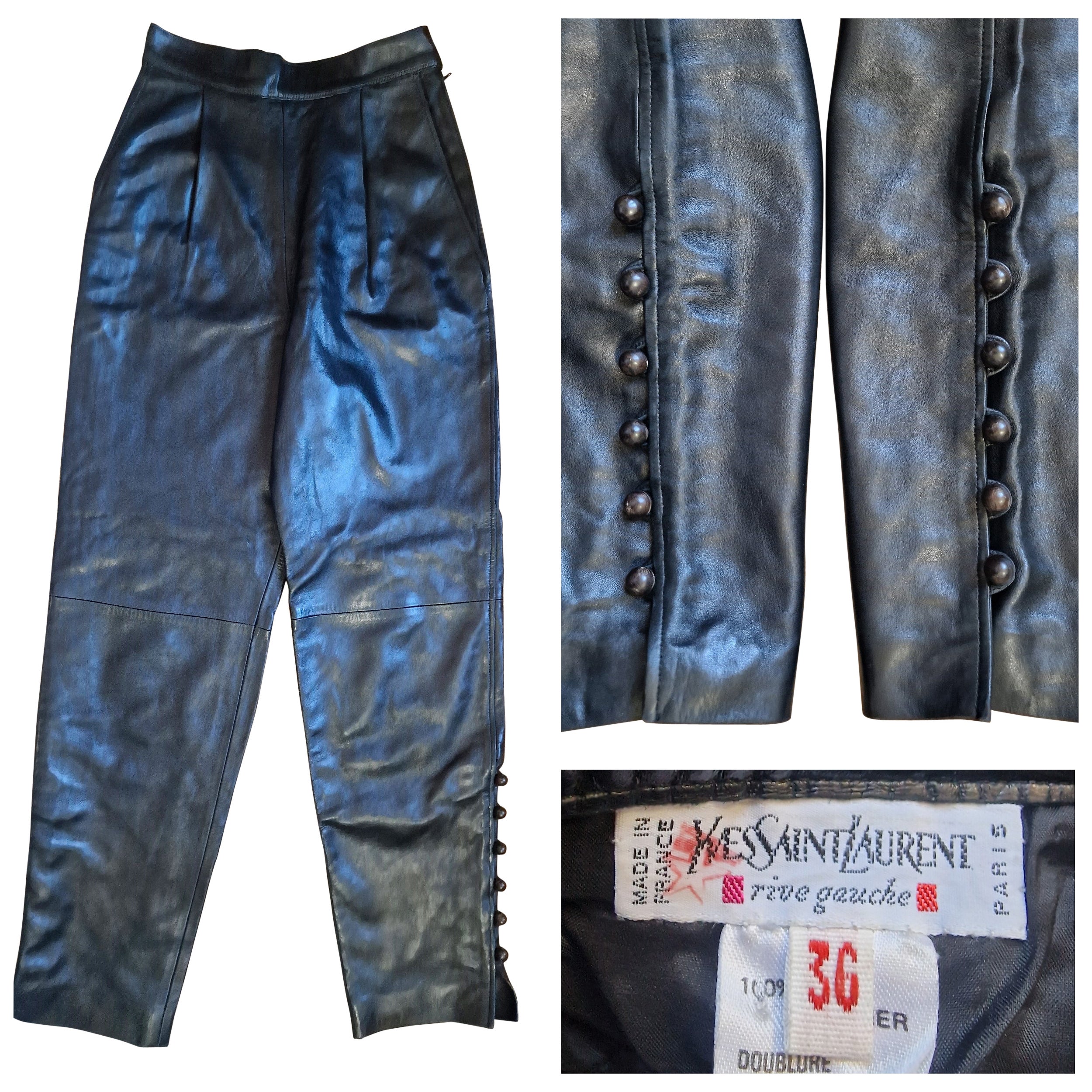 Yves Saint Laurent Rive Gauche Pantalon en cuir à taille haute Noir Petit Pantalon en vente