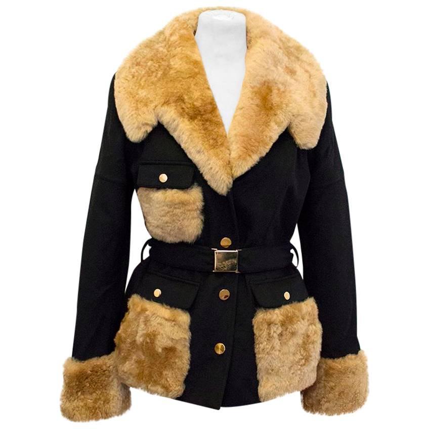 Tricouni black cashmere coat with fur details For Sale