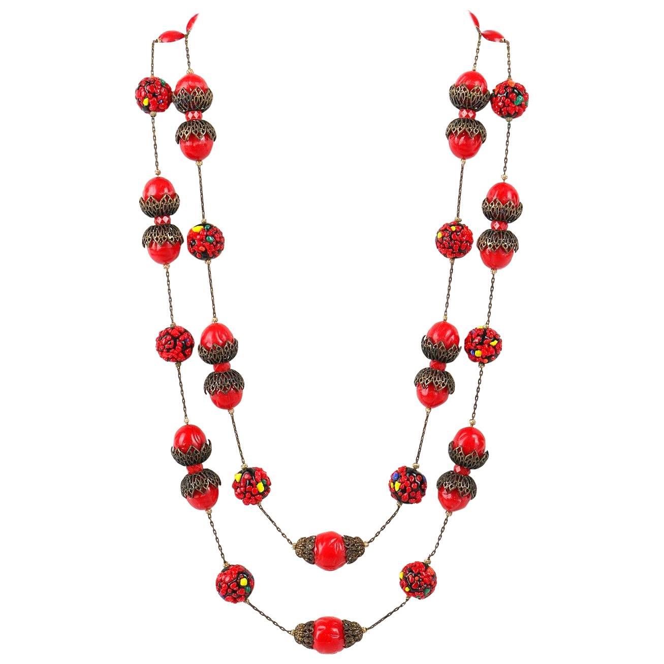 ALICE CAVINESS c.1940's Bronze Red Confetti Bead Double Chain Necklace