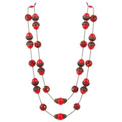ALICE CAVINESS c.1940's's Bronze Red Confetti Bead Double Chain Necklace 1