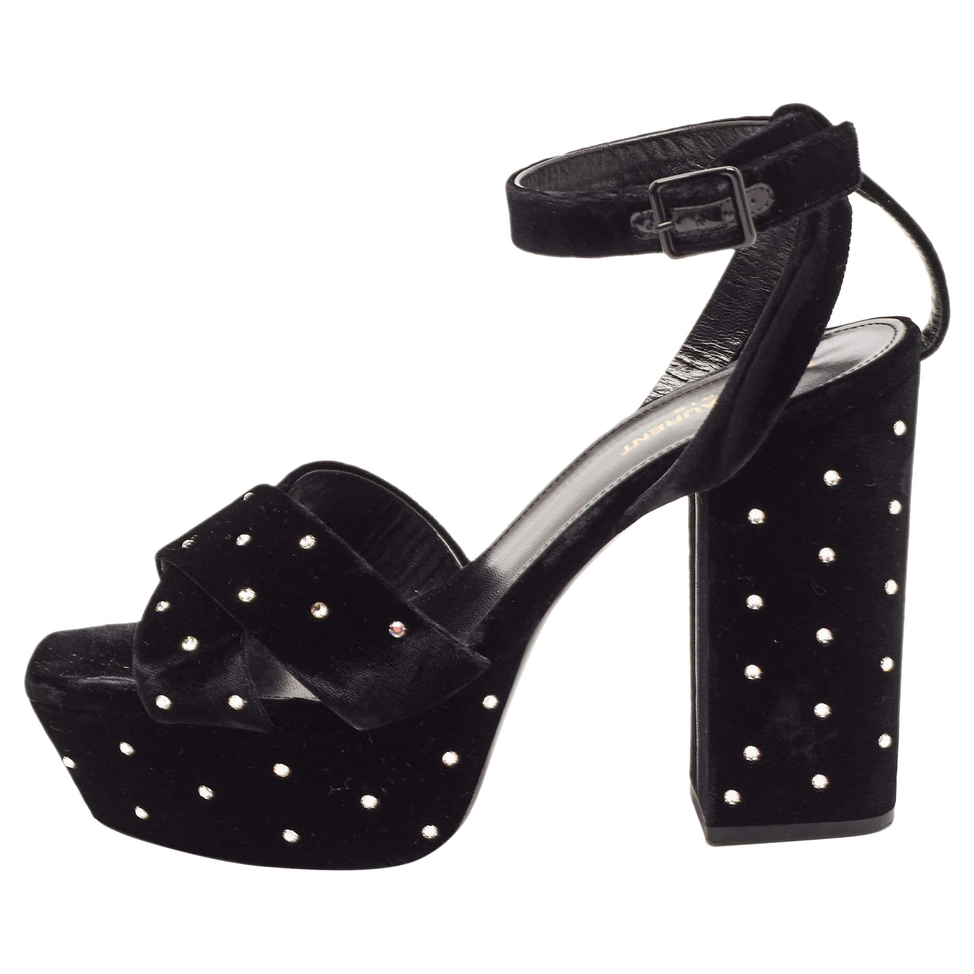 Saint Laurent Black Crystal Embellished Velvet Farrah Sandals Size 40 For Sale