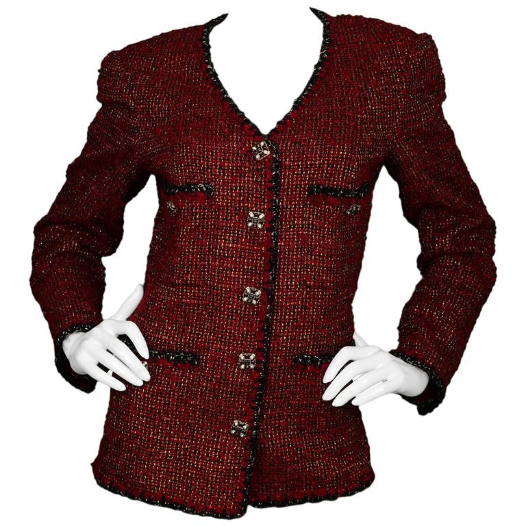 Chanel Black, Red and Gold Tweed Jacket Sz 46 For Sale at 1stDibs