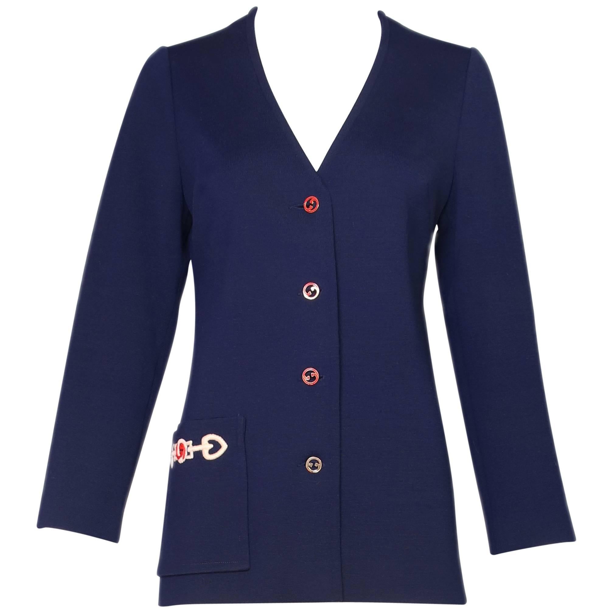 1970s Gucci Navy Wool Cardigan W/Enamel GG Logo Buttons & Woven Design on Pocket