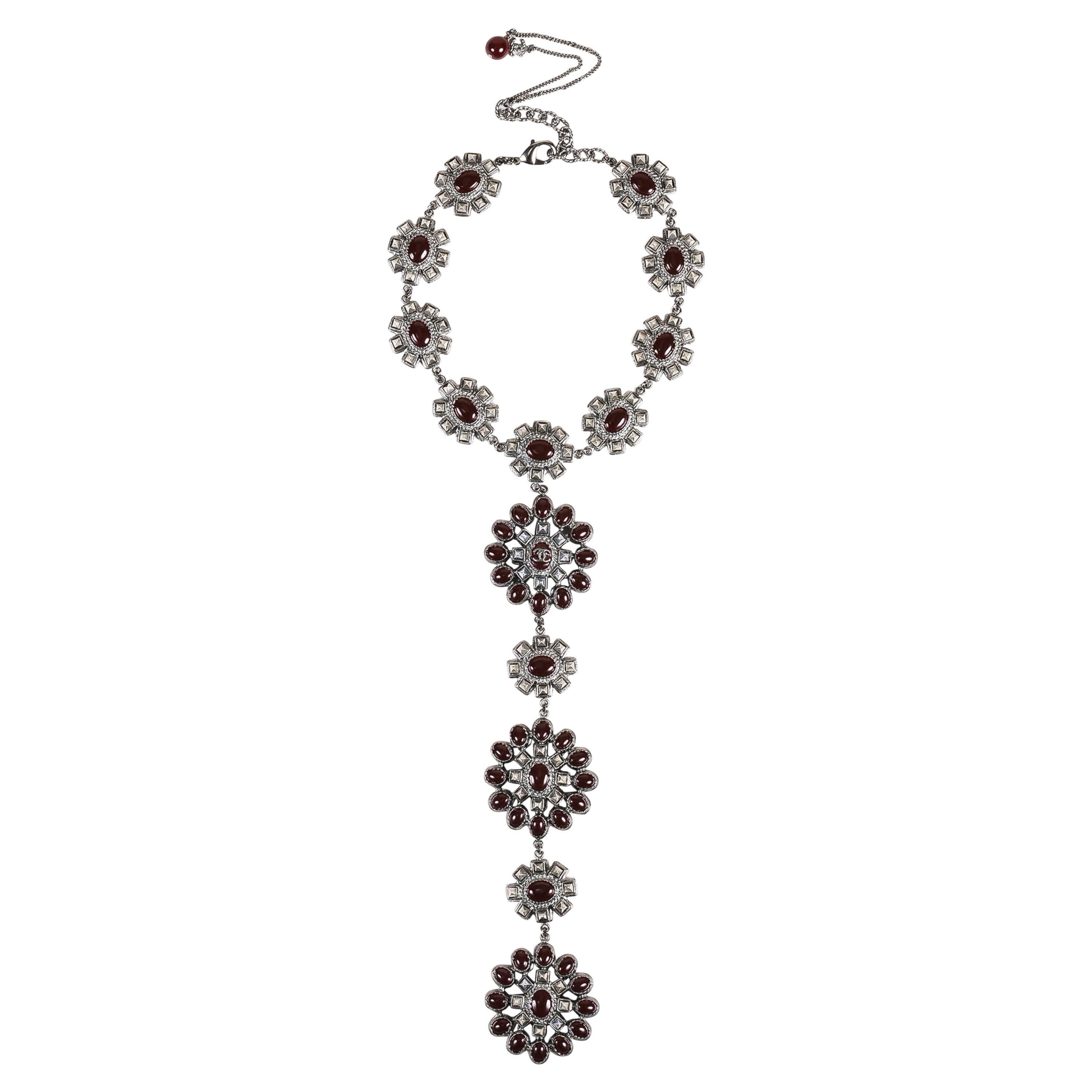 Chanel NWT Pre Fall 14 Runway Silver Tone Burgundy Studded Gripoix Necklace For Sale