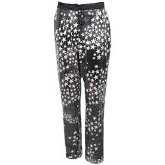 Black Sequin Silk Pants W/White Star Print