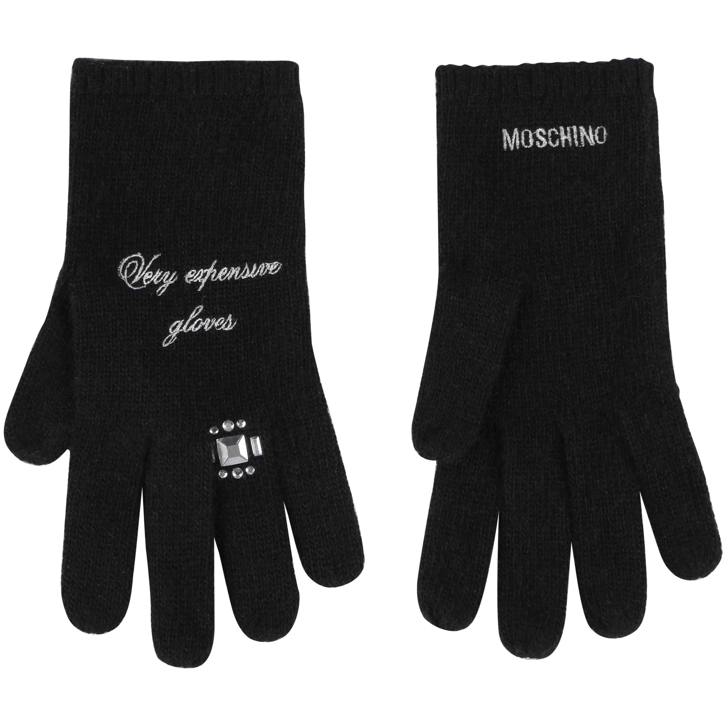 MOSCHINO "Very expensive gloves" Black Rhinestone 100% Cashmere Gloves