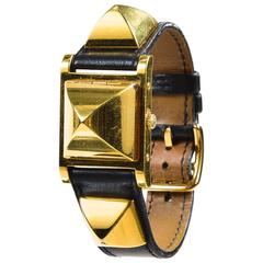 Vintage Hermes Black Leather Gold Plated Steel "Medor" Studded Hidden Face Watch