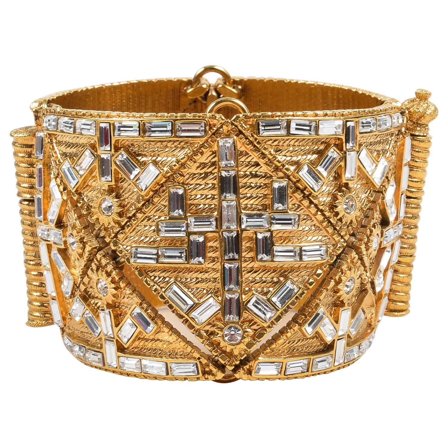 Vintage Jean Louis Scherrer Gold Tone Textured Rope Diamante Wide Bracelet For Sale