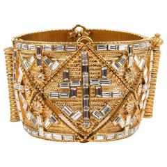 Vintage Jean Louis Scherrer Gold Tone Textured Rope Diamante Wide Bracelet