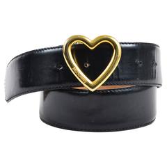 Retro Moschino by Redwall Black and Gold Tone Leather Heart Buckle Belt SZ 40