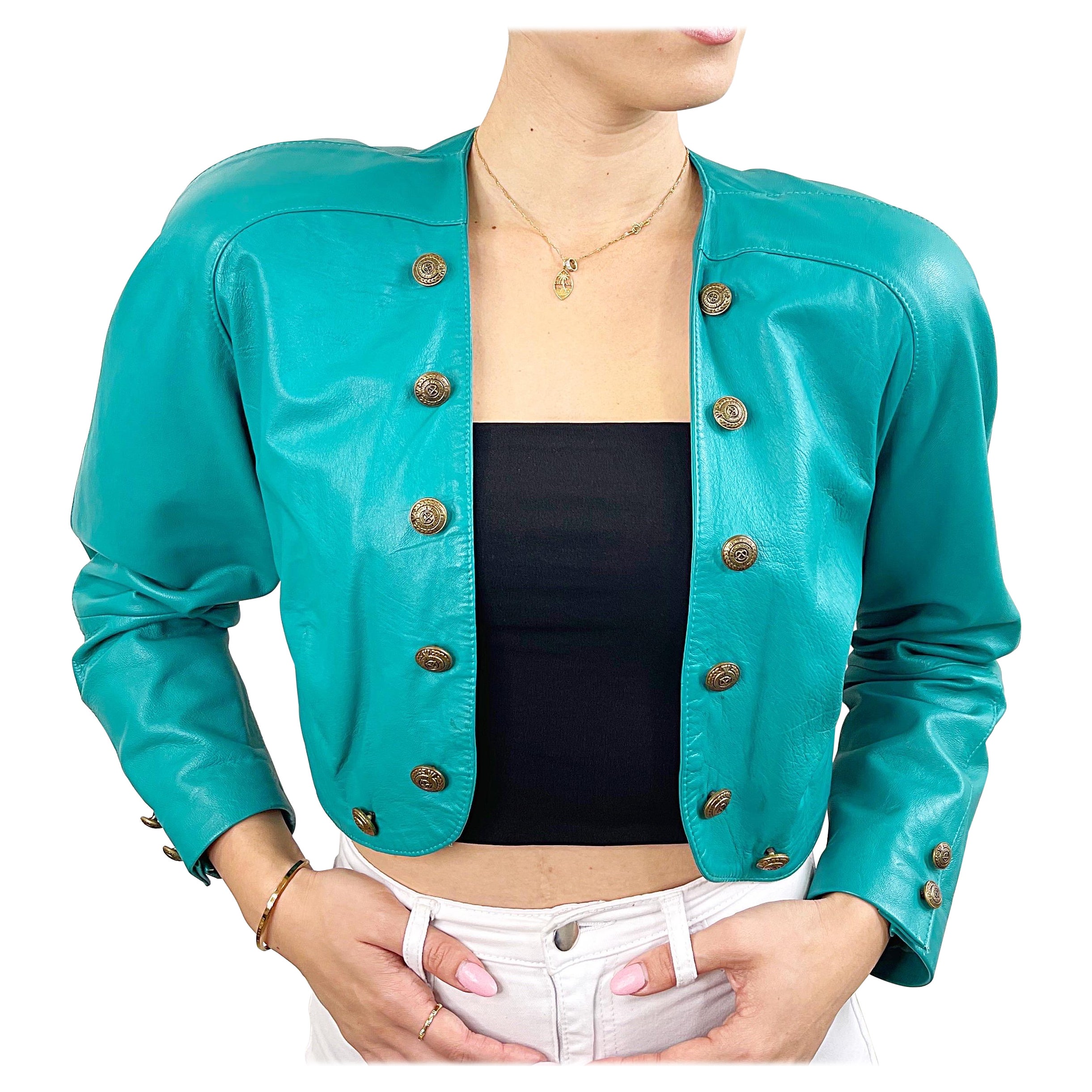 Amazing 1980s Teal Turquoise Leather Vintage 80s Cropped Bolero Jacket Medium For Sale