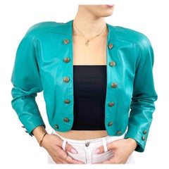 Amazing 1980s Teal Turquoise Leather Vintage 80s Cropped Bolero Jacket Medium