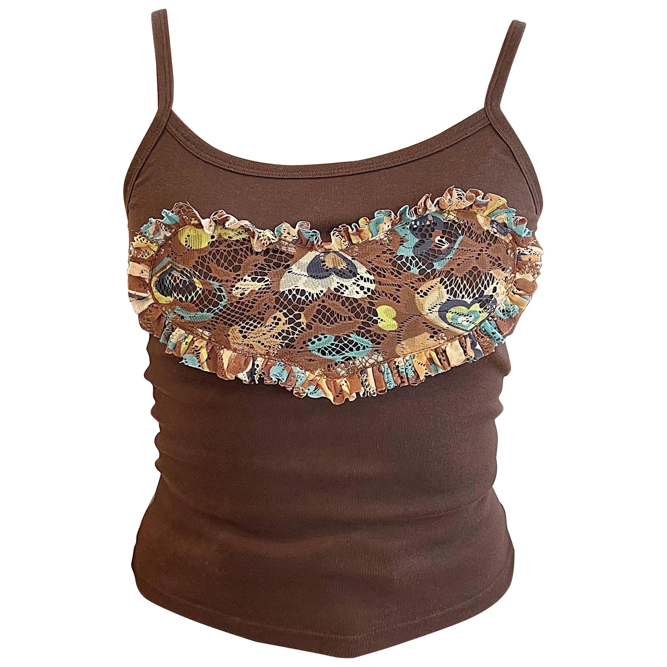 1990s Vintage Anna Sui Brown Heart Crochet Lace Spaghetti Strap 90s Tank Top For Sale