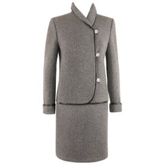 HERMES c.1960's Two Piece Gray Boiled Wool Blazer Jacket Skirt Suit Set Size 38