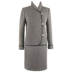 HERMES c.1960's Two Piece Gray Boiled Wool Blazer Jacket Skirt Suit Set Size 38 12
