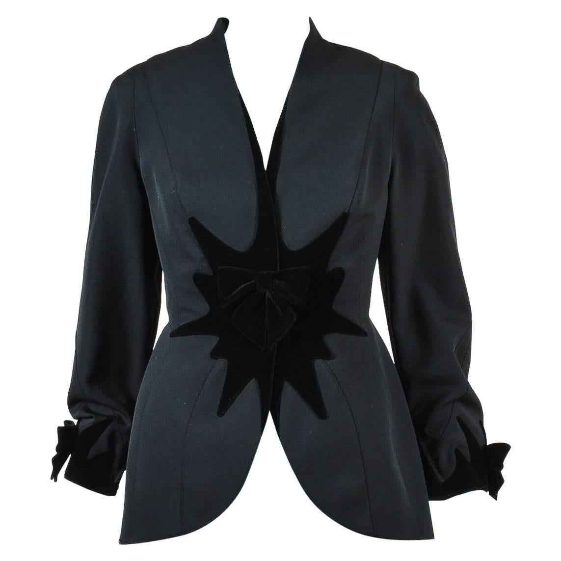 Vintage Thierry Mugler Black Wool Crepe Velvet Bow Accent Jacket Size 42 For Sale