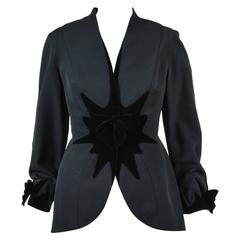Vintage Thierry Mugler Black Wool Crepe Velvet Bow Accent Jacket Size 42