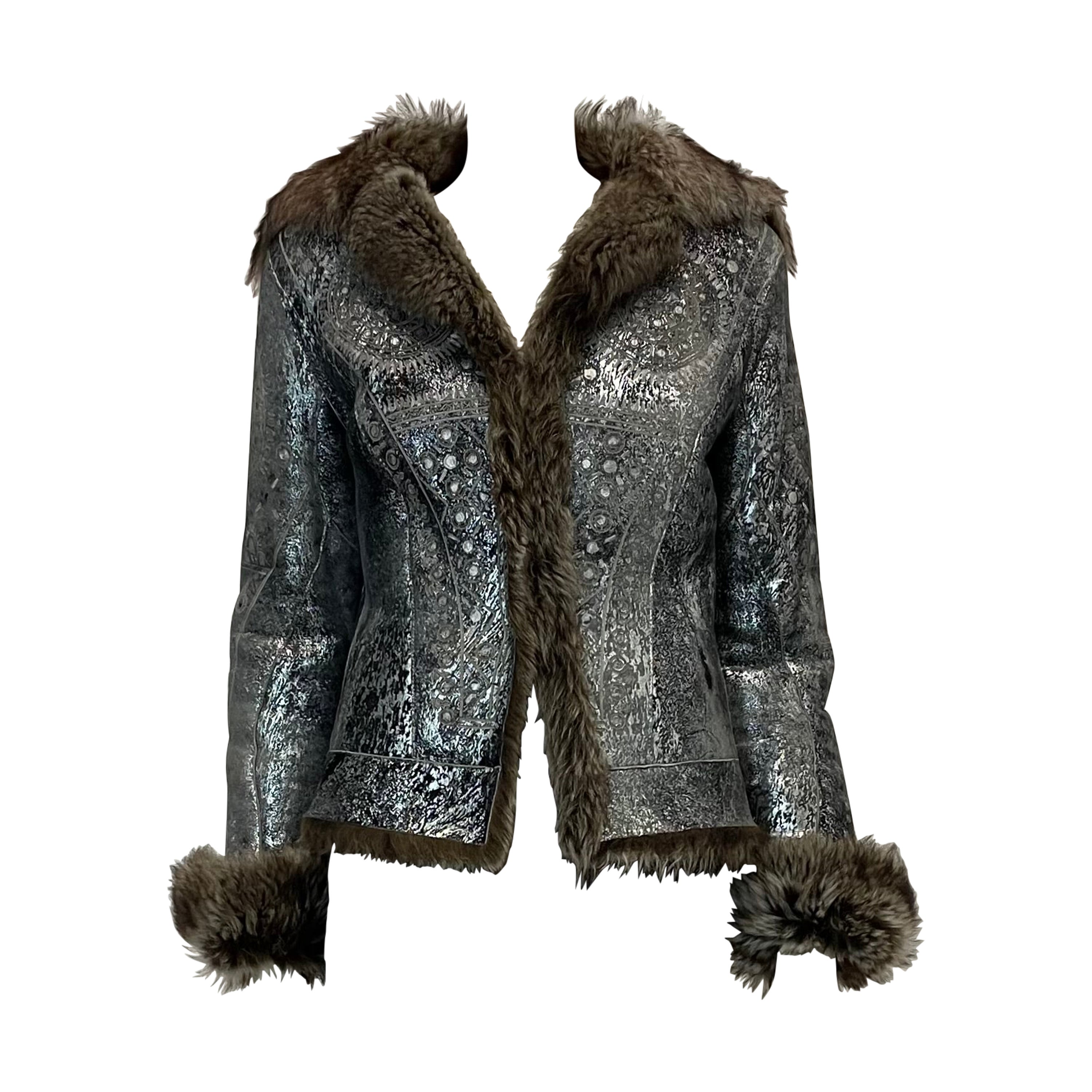Roberto Cavalli Shearling-Trimmed Leather Coat Jacket For Sale