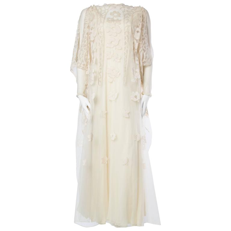 1970s Stavropoulos Boho Embroidered Net and Silk Gown at 1stDibs