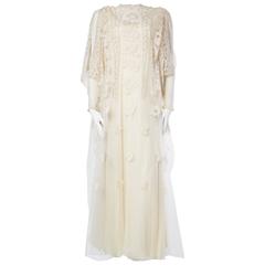 1970s Stavropoulos Boho Embroidered Net and Silk Gown