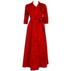 1962 Juel Park of Beverly Hills Couture Red-Roses Flocked Satin Dressing Gown 8