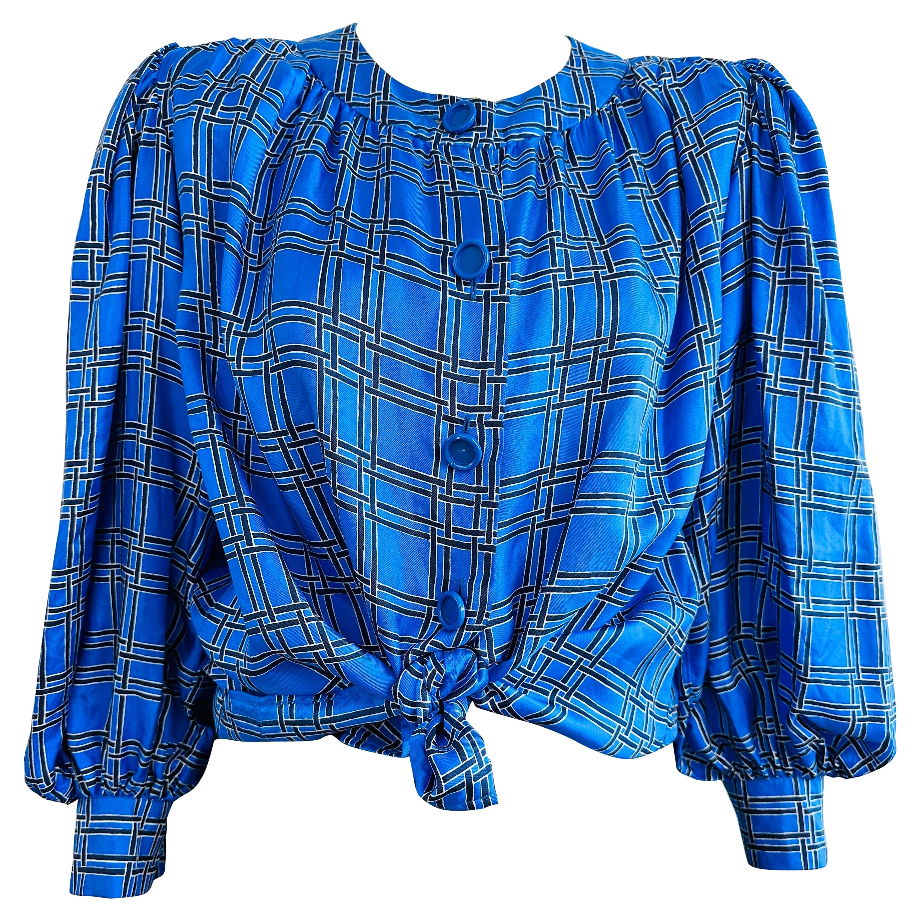 YSL Yves saint Laurent royal blue silk blouse from the 1970s For Sale