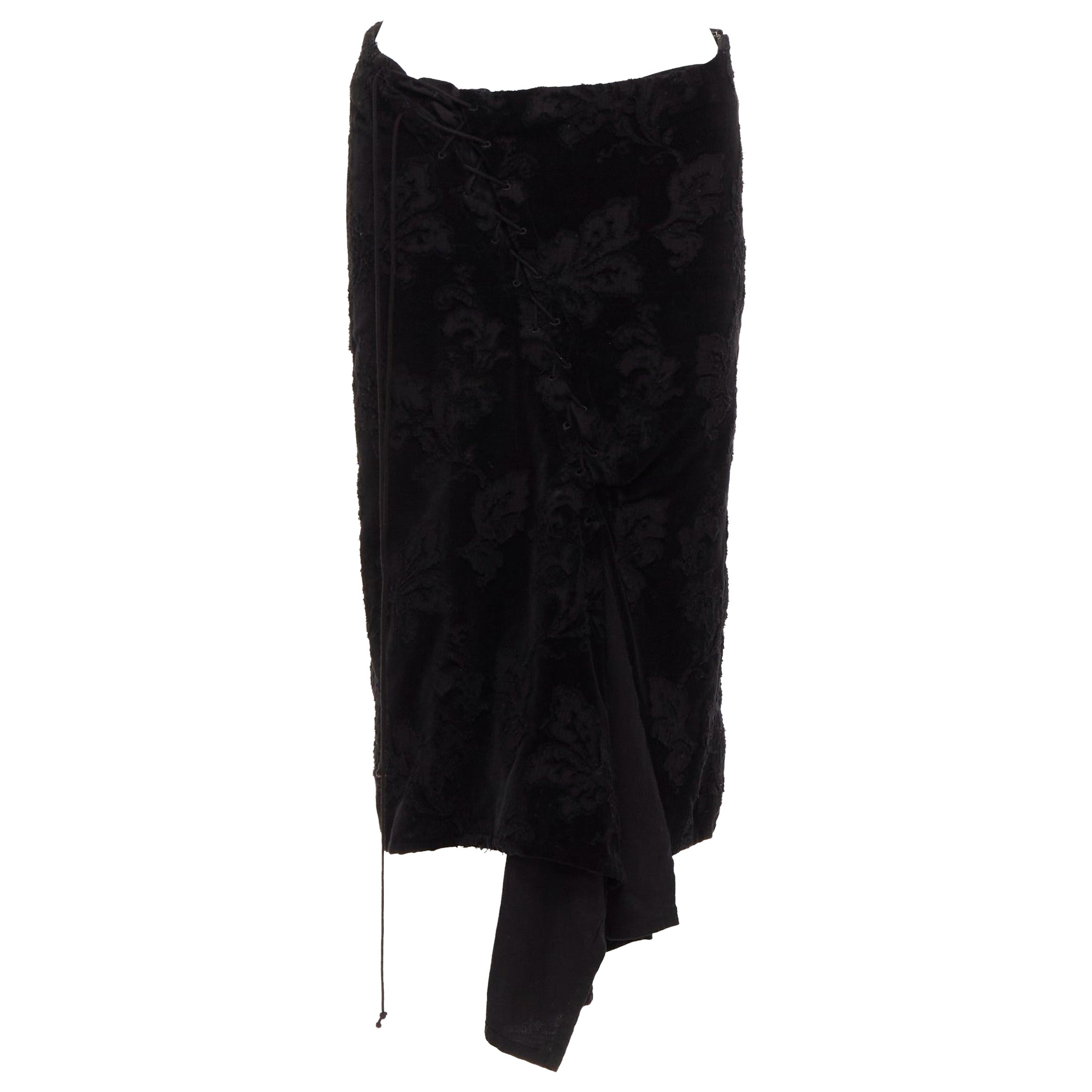 YOHJI YAMAMOTO NOIR black cotton velvet floral jacquard lace up skirt JP1 S For Sale