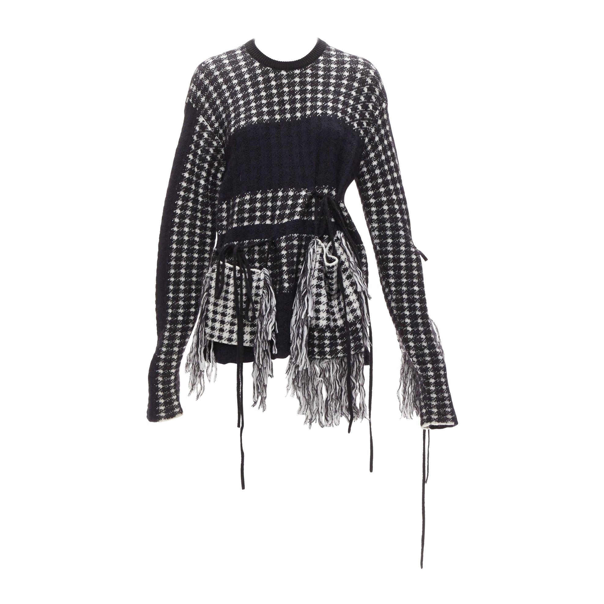 PORTS 1961 black white 100% virgin wool houndstooth pocket fringe sweater S For Sale
