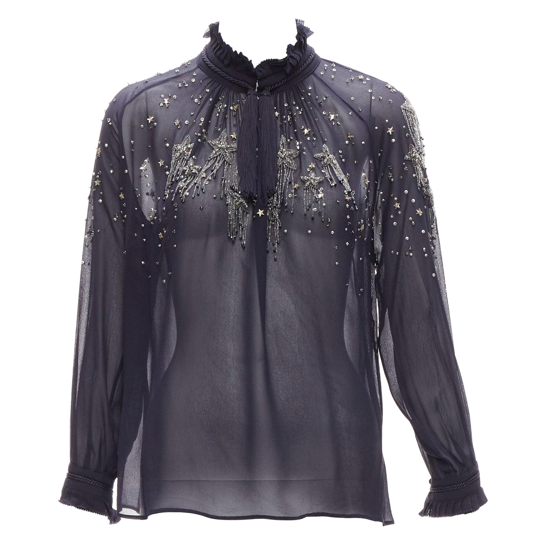 ROBERTO CAVALLI navy silky bead embellished ruffle collar sheer blouse For Sale