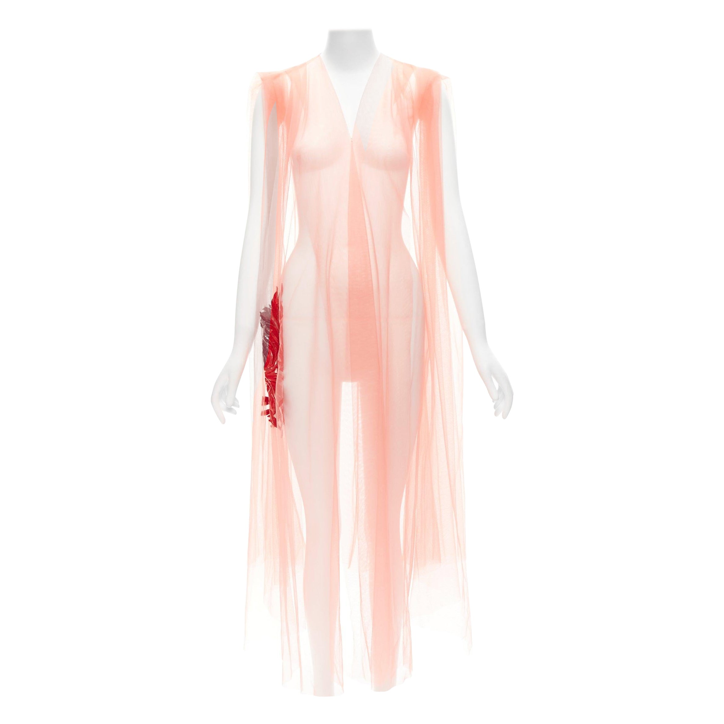 DRIES VAN NOTEN pink tulle red leaf embroidery V neck sheer fairy dress For Sale