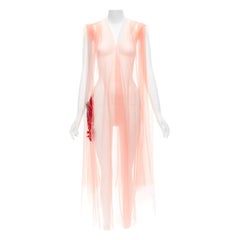 DRIES VAN NOTEN pink tulle red leaf embroidery V neck sheer fairy dress
