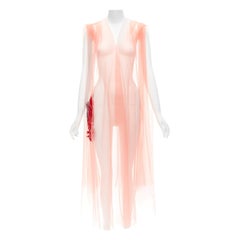 DRIES VAN NOTEN rose tulle rouge broderie feuilles rouges col V transparente