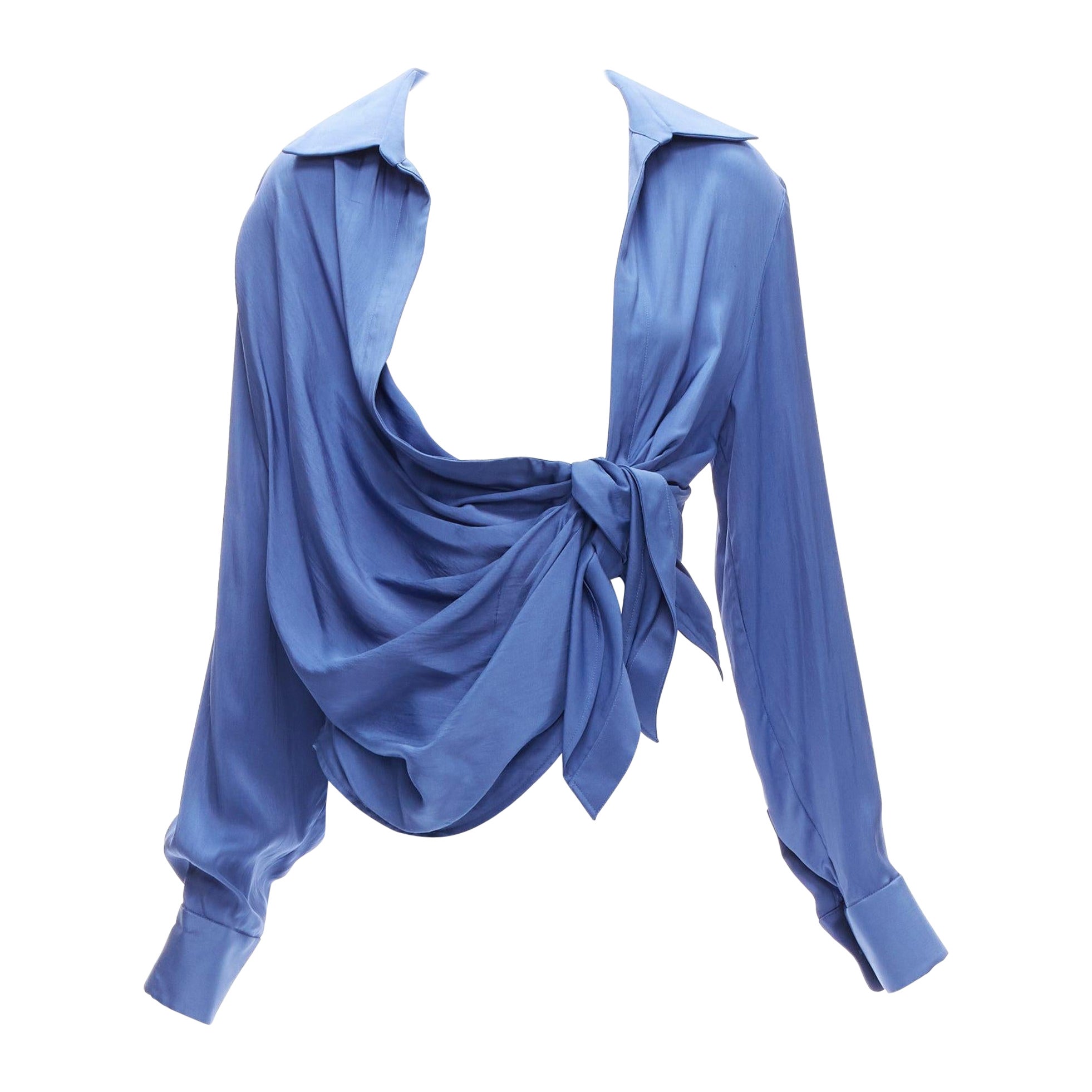 JACQUEMUS Le Collectionneuse blue plunge knot drape asymmetric blouse FR34 XS For Sale