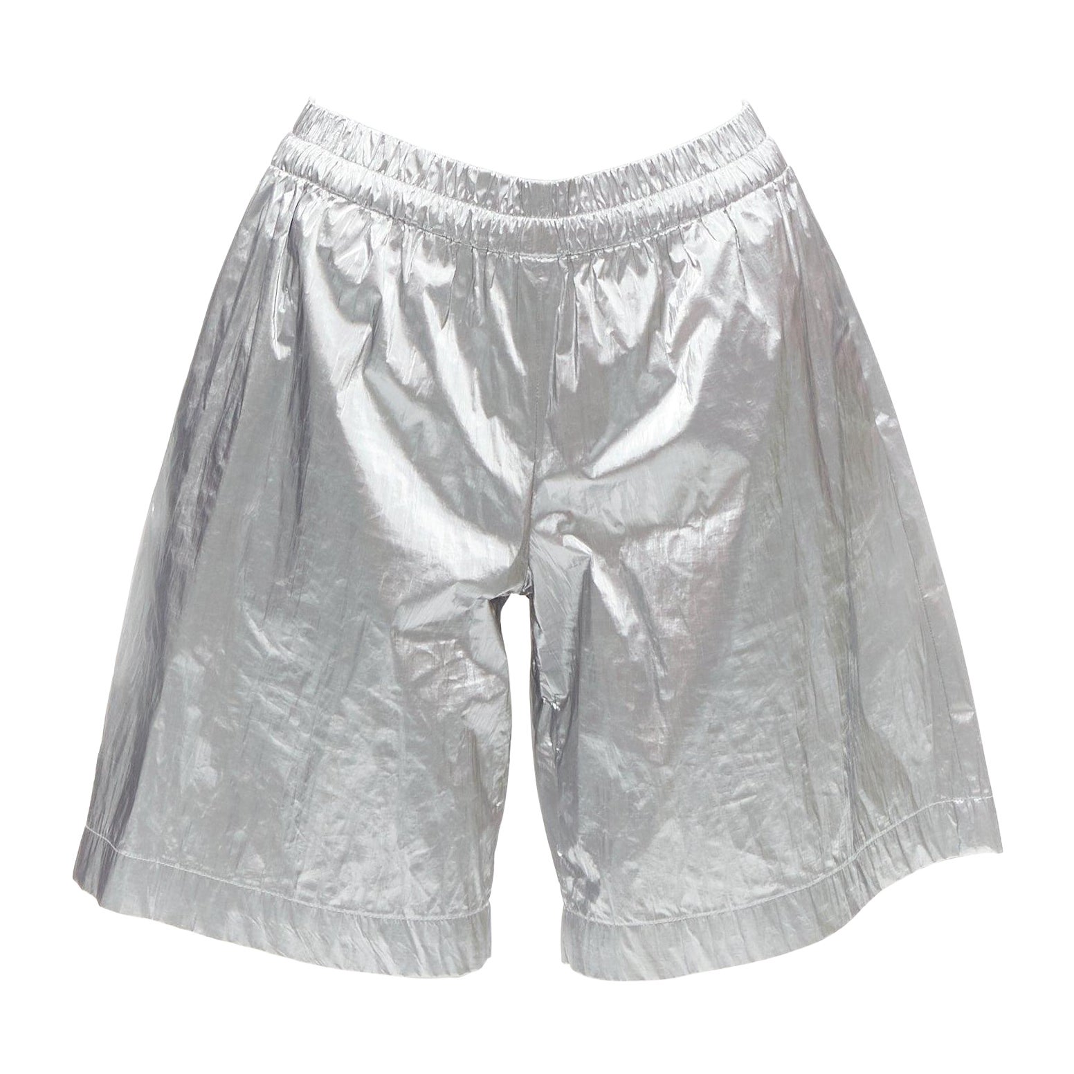 DRIES VAN NOTEN metallic silver elasticated waist wide leg shorts FR34 XS For Sale