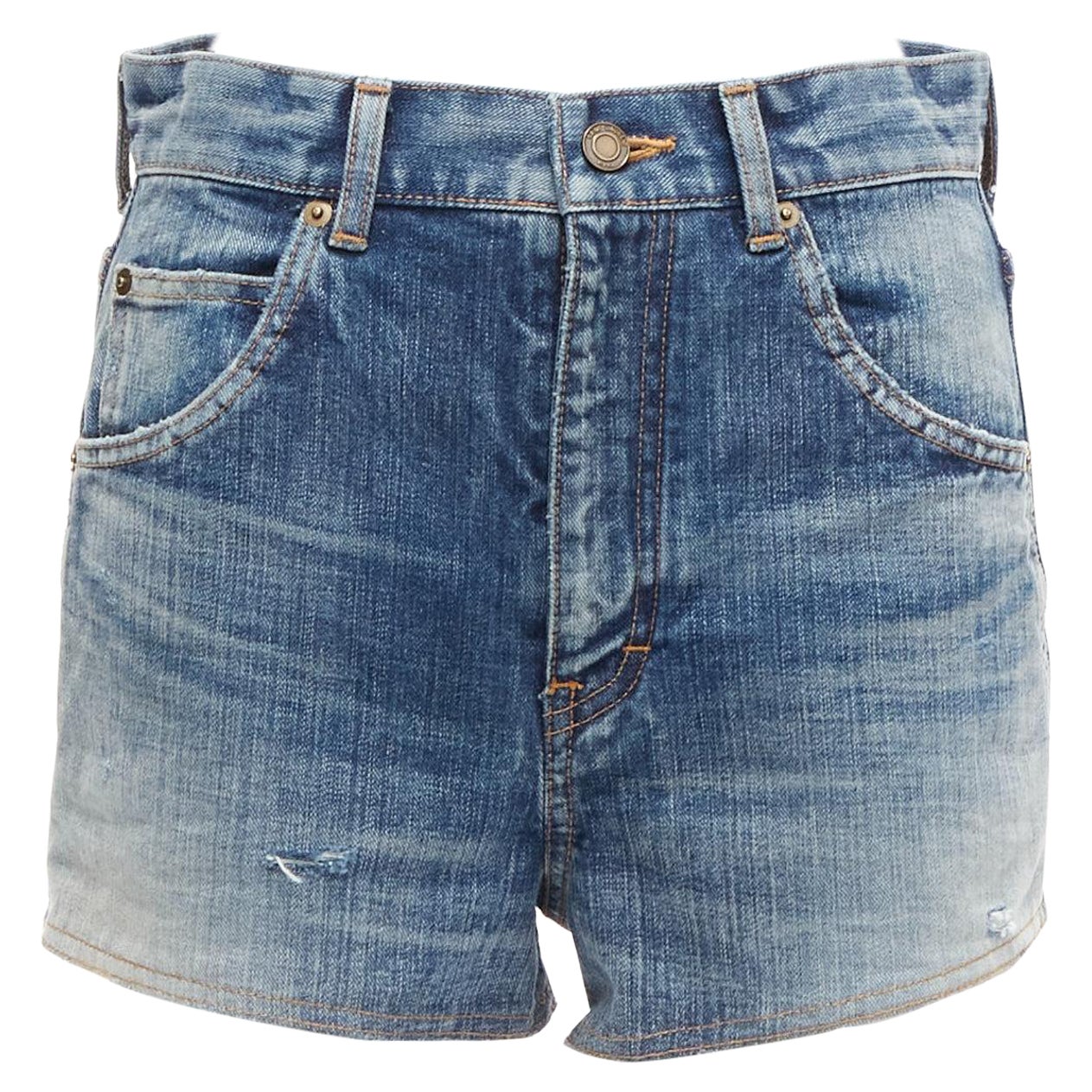 SAINT LAURENT 2020 blue distressed washed denim high waisted shorts 29" For Sale