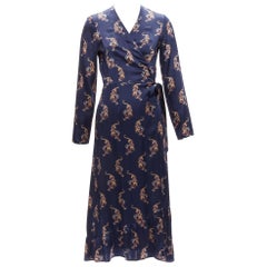 SANDRO 100% silk navy oriental tiger print long sleeve wrap dress Sz.1 S