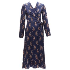 SANDRO Robe portefeuille à manches longues à imprimé tigre oriental bleu marine 100 % soie Taille 1 S