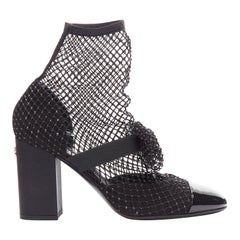 CHANEL 2023 Resille 90 black crystal fishnet bow silver CC sock boots EU38.5