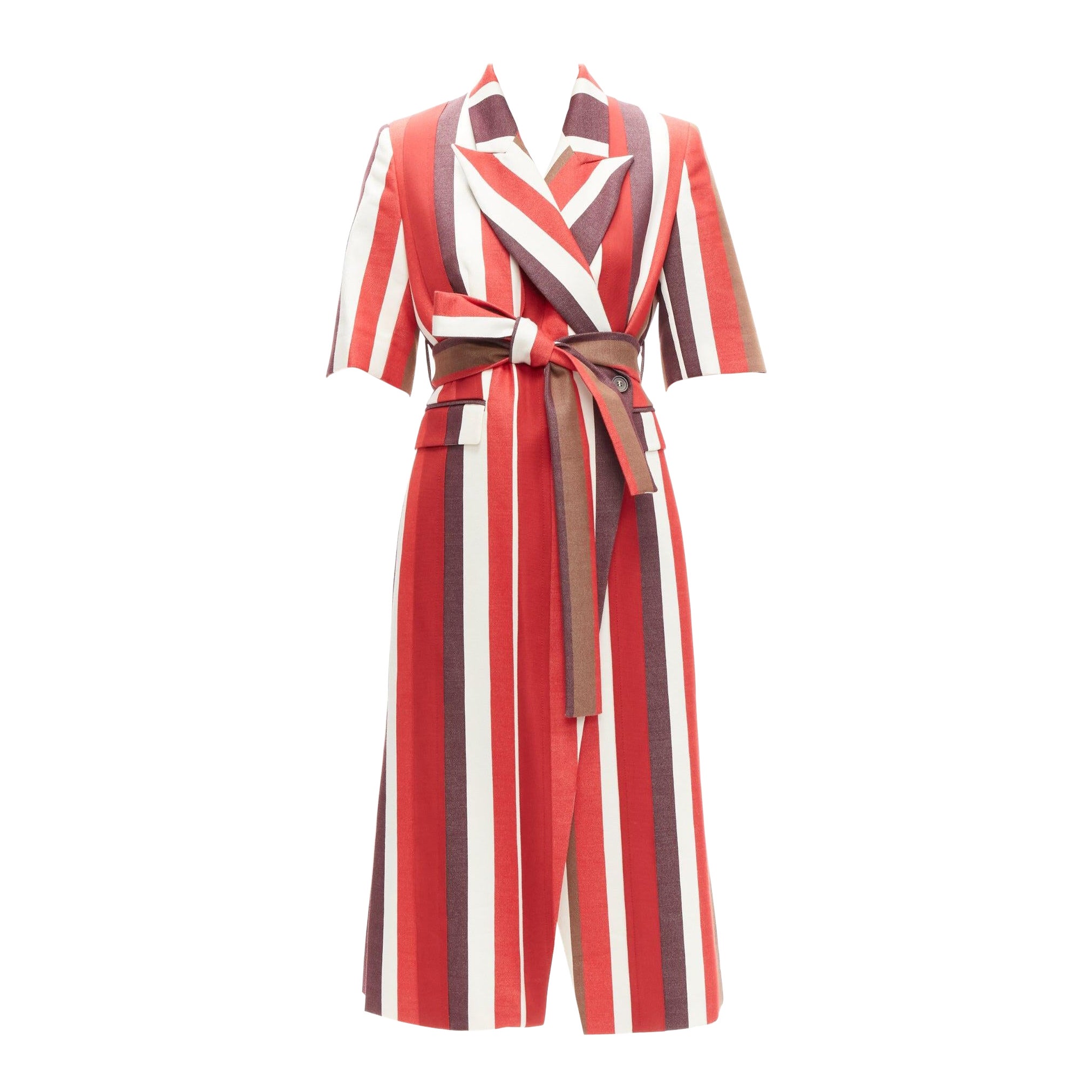 FRENKEN red bold graphic stripes cotton tie belt long coat IT34 XXS For Sale