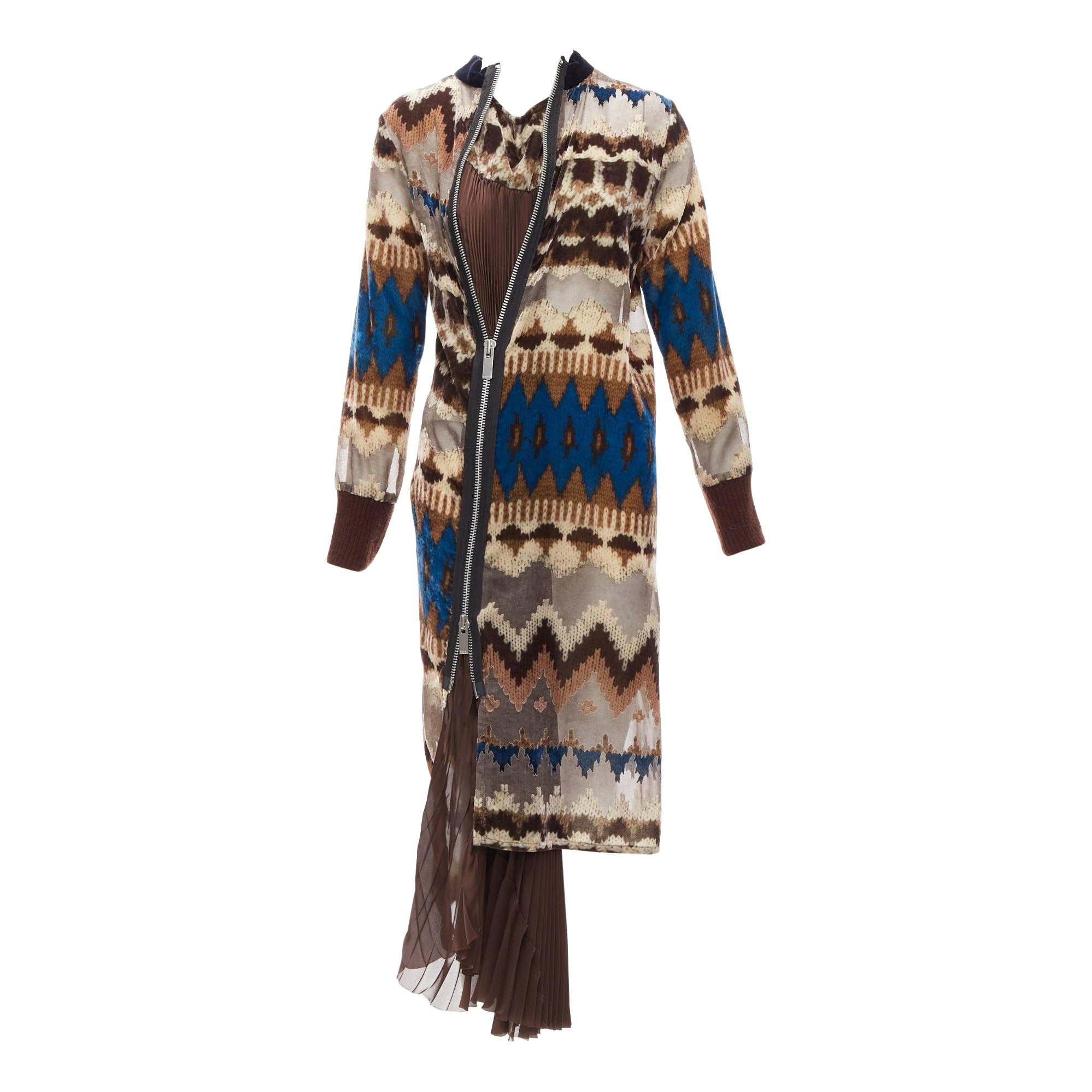 SACAI 2020 brown blue ethnic sheer devore zip pleat midi dress JP1 S For Sale