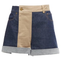 MONSE beige blue cotton denim deconstructed panelled cuffed shorts US2 S