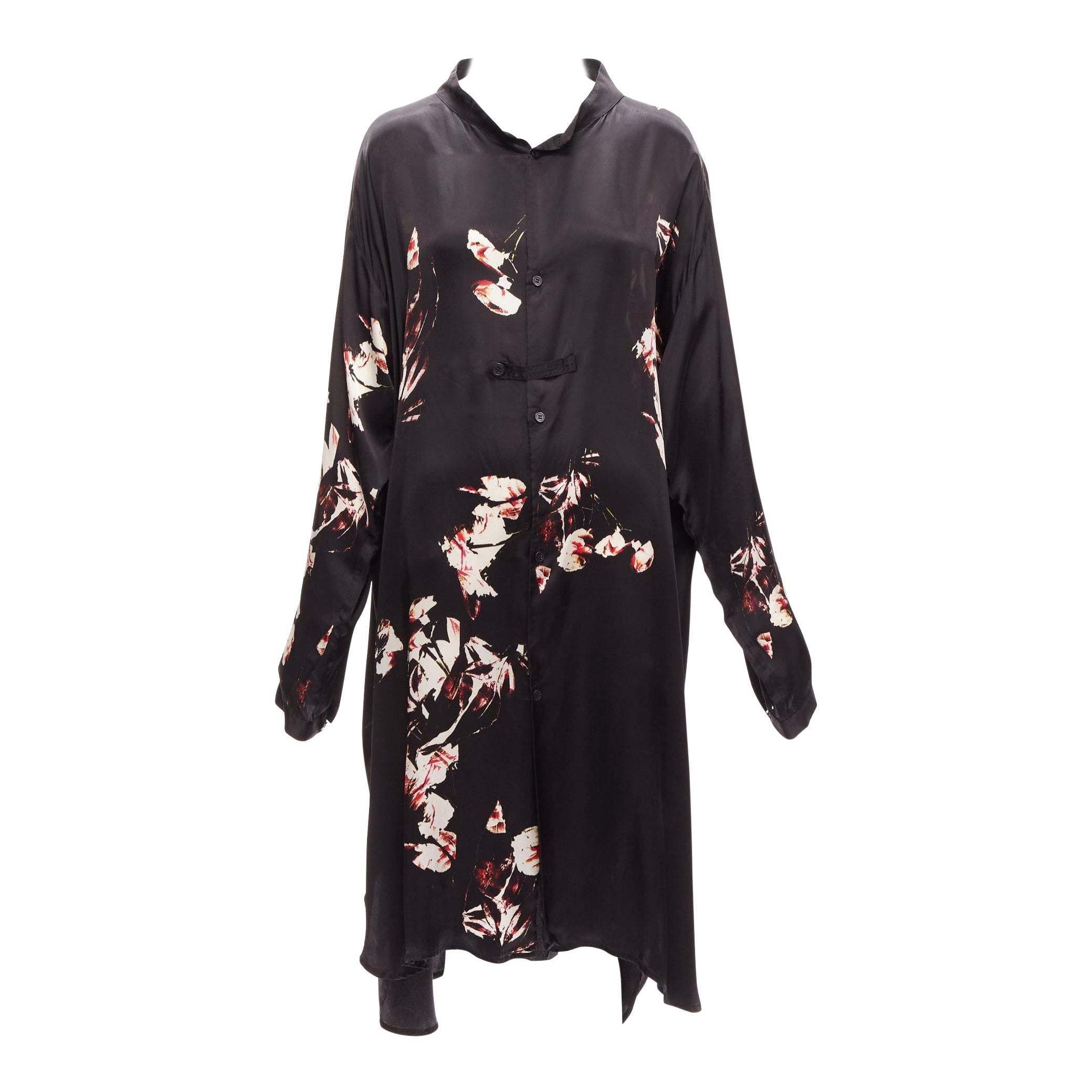 Y'S YOHJI YAMAMOTO black silky floral print chinese buttons robe dress JP2 M