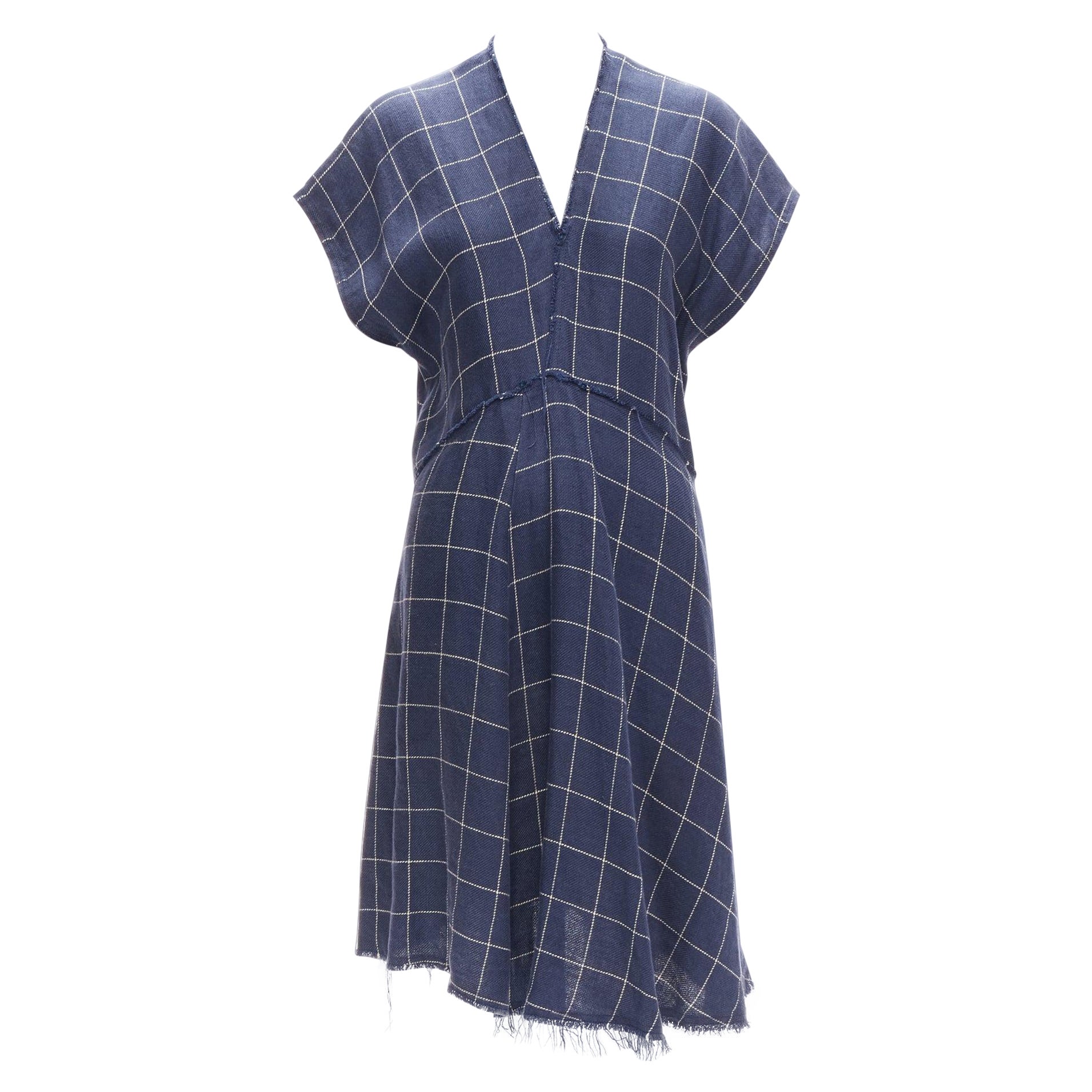 ACNE STUDIOS 2018 marineblaues, weißes windowpane-Kleid aus Leinen mit schrägem Schnitt und schrägem Rand FR34 XS im Angebot
