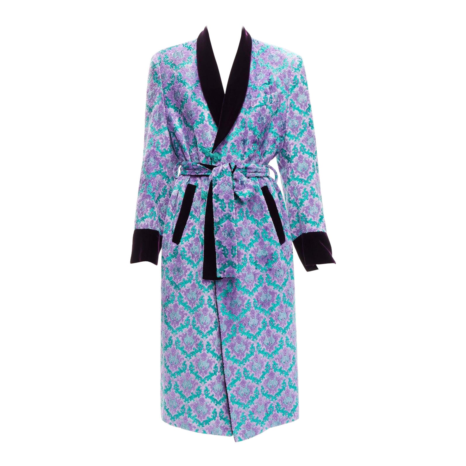 G.V.G.V. purple green tapestry jacquard dark velvet belted robe coat FR38 M For Sale